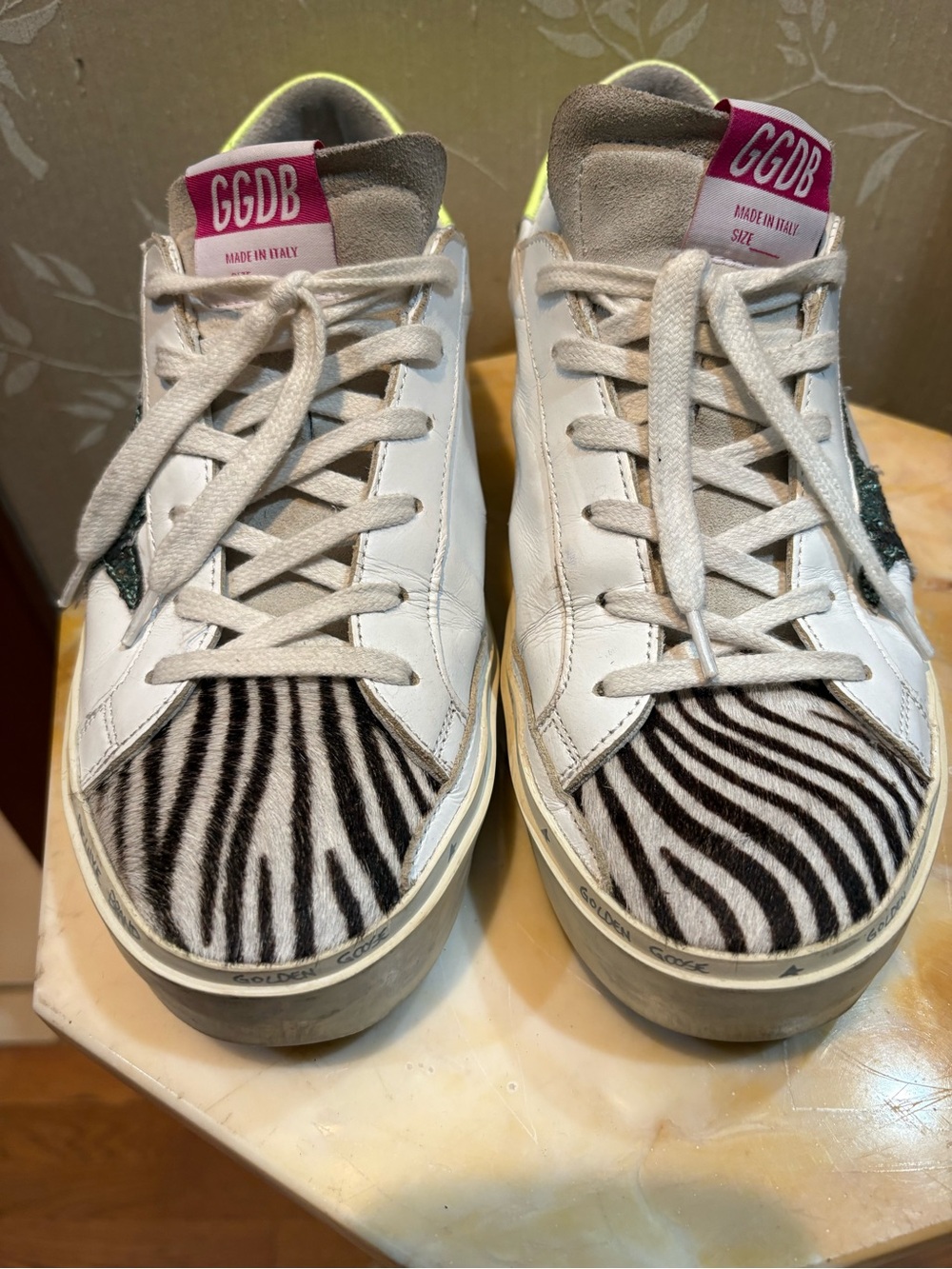 Golden Goose High Star Golden Zebra with Neon Yellow Heel and Black Glitter Star - Picture 7 of 10